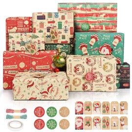 Christmas Wrapping Paper, Pack of 10 Christmas Paper with Gift Tags, Santa Claus, Elk, Snowflake, Modern, Stylish, Xmas Recyclable Kraft Paper for Gift Wrapping, 70 x 50 cm