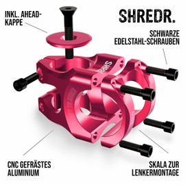 Shredr. - Attacco manubrio Edge Control MTB 31,8 mm | 0 gradi | 35 mm – Attacco manubrio corto per mountain bike moderne | 9 colori | con cappuccio Ahead dello stesso colore (rosa)