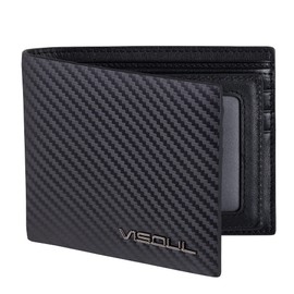 VISOUL Mens Bifold Wallet with 2 ID Windows Carbon Fiber Leather, RFID Blocking Multi Card Holder Wallet with 2 Money Compartments, Stylish Two-Tone Back Pocket Wallet for Men (Black+Black)