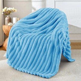 Exclusivo Mezcla Fleece Throw Blanket for Couch, Super Soft Striped Jacquard Bed Blanket, Lightweight Fuzzy Cozy for All Seasons, 127x152 CM, Blue Blanket
