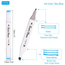 PATIKIL Dual Tip Alcohol Art Markers, 6 Pcs White Barrel Alcohol Markers with Brush Tip and Fine Tip for Illustration Artist Adult Coloring Drawing Permanent Sketching, Sky Blue