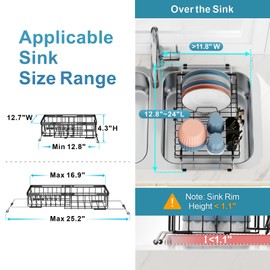 iSPECLE Expandable Dish Drying Rack for Kitchen Sink - Rust Resistant Adjustable Over the Sink Dish Drainer with Non Slip Rubber, 12.7" W x 12.8"-25.2" L, Black