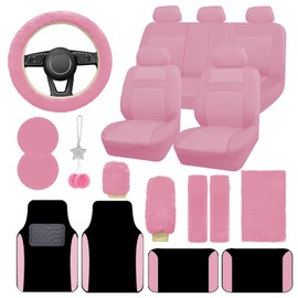 JINGSEN Car Seat Cover Full Set for Women with Waterproof Floor Mats,3D Air Mesh Car Seat Cover with 5mm Composite Sponge Inside,Universal Fluffy Steering Wheel Cover, Accessories Full SUV(Pink)