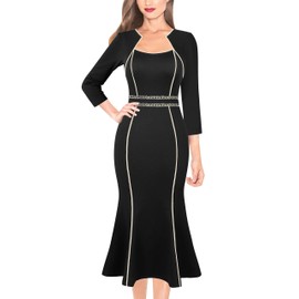 VFSHOW Womens Elegant Vintage Mermaid Cocktail Tweed Trim Bodycon Midi Dress 2023 Square Neck Business Work Office Party Contrast Piping Mid-Calf Dress (Black, Small) 10896 BLK S