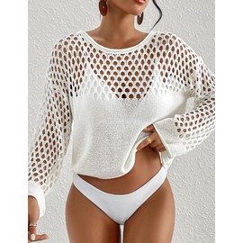 Bsubseach Crochet Swim Cover Up for Women Hollow Out Beachwear White Long Sleeve Beach Outfits S