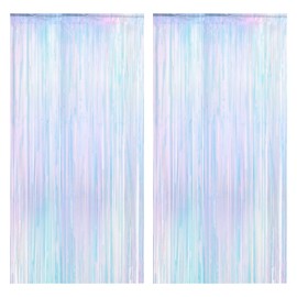 2 Pack Iridescent Foil Fringe Backdrop Curtains, 3.2 * 6.5 ft Neon Metallic Holographic Fringe Curtains Glitter Photo Booth Props for Birthday Wedding Baby Shower Party Decorations