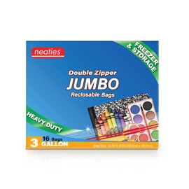 Neaties 3 Gallon Plastic Storage Bags with Double Zipper Top, 16 x 18 inches, 2.5-mil Thick, Reusable Freezer Bags, Clear, Set of 16