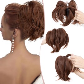 SEGO Pro Claw Clip Short Ponytail Hair Extensions Messy Bun Hair Piece Pony Tails Hair Extensions with Bendable Metal Wire Hair Pieces DIY Style 8 Inch 30H33A Brown & Auburn