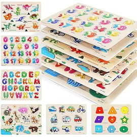 GRINNNIE Wooden Peg Puzzle for Toddlers, 6 Pack Toddler Puzzles Set for 3 4 5 Years Old (Alphabet Number Shape Animal Dinosaur Vehicle), Preschool Education Learning Puzzle Toys for Girls and Boys