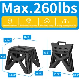 BeNICE1 ZiOR4 9" Folding Step Stool,2-Pcs,260 lbs,Non-Slip Folding Stools with Handle,Lightweight Plastic Foldable Stepstool for Kitchen,Bathroom & Living Room,camping (Black)