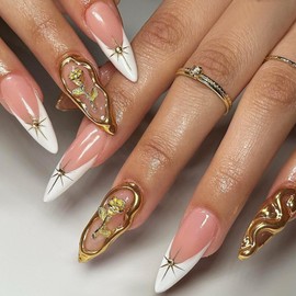 White French tips Press on Nails Medium Almond Fake Nails with Gold Rose Charms Design Rhinestone Star Glue on Nails Reusable Foil Nails Glossy Nude False Nails for Women Girls Manicure 24pcs