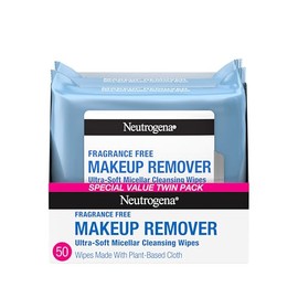 Neutrogena Toallitas desmaquillantes sin fragancia, toallitas limpiadoras faciales diarias, elimina suavemente el aceite y el maquillaje, toallitas de maquillaje sin alcohol, paquete doble, 2 x 25