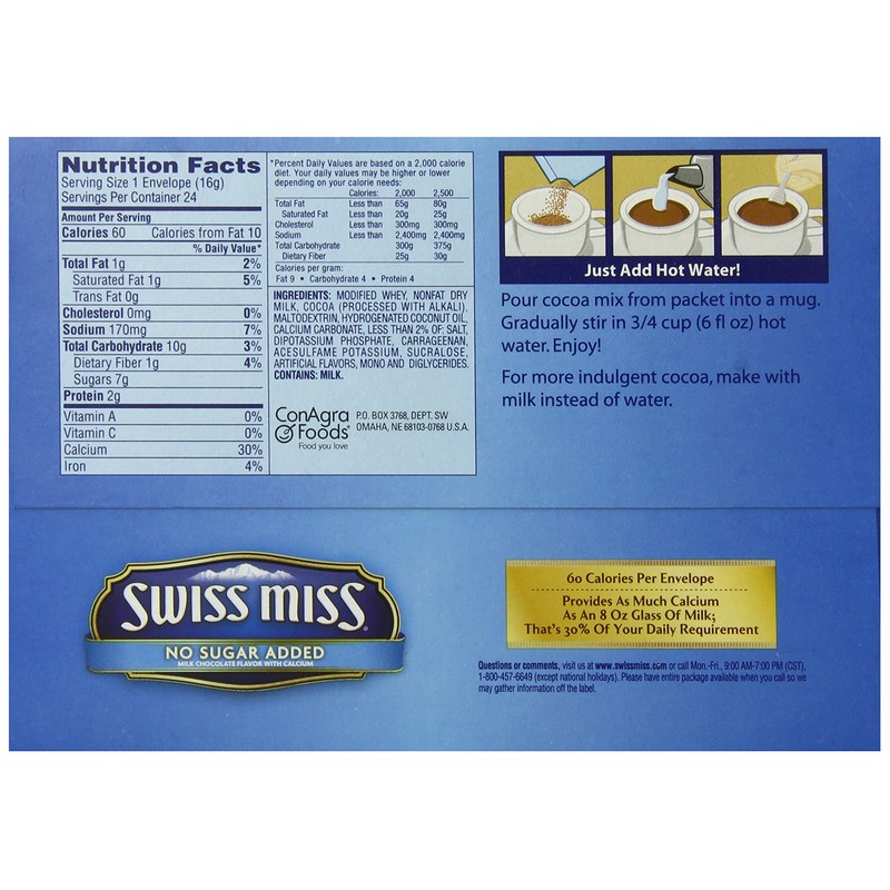Swiss Miss HUN55584 Hot Chocolate,Instant, .55 oz Packets,24/BX,No Sugar Added