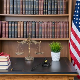 Antique Metal Justice Represent Libra with Fixed Beam, Jewelry Tower/w Wooden Gavel and Block Set, Lawyer Scale of Justice, Judge Sound Block Set, Auction Sale – Bronze, 11.1“ W x 11.4“ H