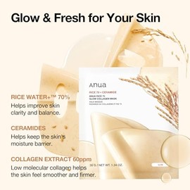 ANUA Rice 70 Glow Collagen Mask, Overnight Face Mask for Glass Skin, Ceramide, Collagen Facial Mask, Skin Moisture Barrier, Tightening Care, Natural C