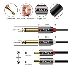 J&D 1/4 to RCA Cable, Gold Plated Copper Shell Heavy Duty 2X6.35mm TS to Dual RCA Stereo Audio Interconnect Cord for AV Receivers, Speakers, Home Audio Systems, Amplifiers, 3 Feet