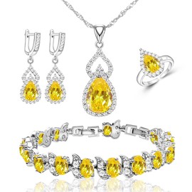 LMXXVJ 18K White Gold Plated Yellow Teardrop Cubic Zirconia Tennis Ring/Bracelet/Earrings/Pendant/Necklace Sets Pack of 5 for Women