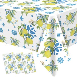 FVABO Lemon Mediterranean Tablecloth, 3Pcs Disposable Blue Tile & Lemon Floral Party Table Cover Supplies for Summer Parties, Birthday, Italian Theme, Baby Shower, Bridal Shower, 55in x 86in