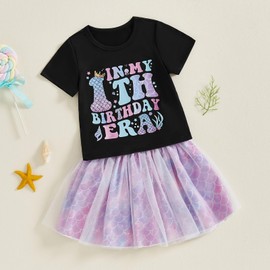 MAHUAOYIXI Baby Girl 2Pcs Birthday Outfits Letter Print Short Sleeve Tops Tshirts + Fish Scale Tulle Tutu Skirt Set Toddler Girls Clothes Girls Birthday Clothing Set (Purple FIVE, 5-6 Years)