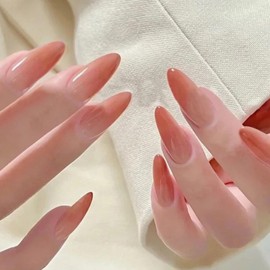 Gradient Press on Nails Almond Fake Nails, Artificial Acrylic Nails Caramel Gradient False Nails Designs Glossy Glue on Nails Medium Long for Women 24 Pcs / 12 Size