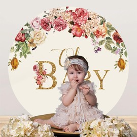 DASHAN Floral Baby Shower Round Backdrop Cover 7.2ft Oh Baby Flowers Round Backdrop Beige Baby Circle Backdrop Cover First Baby Birthday Photo Backdrop Newborn Photography Background Photo Prop