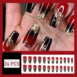 24Pcs Red Black Gradient French Press on Nails Medium Square Flashing Gradient Glitter Fake Nails with Rhinestone Design False Nails Sparkly Gold Sequins Artificial Glue on Nails for Women Manicure