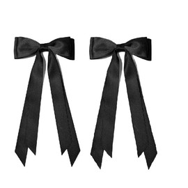 2Pcs Black Ribbon Hair Bow Clips with Long Tail Barrettes Ponytail Holder Decor Accessories for Women (Black, One size)