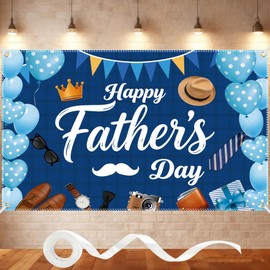 Happy Fathers Day Banner 6x4FT with 32.8ft Ribbon & 4 Brass Grommets, Fathers Day Decorations Backdrop for Photography Indoor Outdoor Family Celebration Wall Door Party Supplies