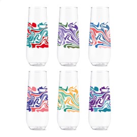 TOSSWARE POP 9oz Flute Liquid Marble Series, SET OF 6, Premium Quality, Recyclable, Unbreakable & Crystal Clear Plastic Printed Glasses