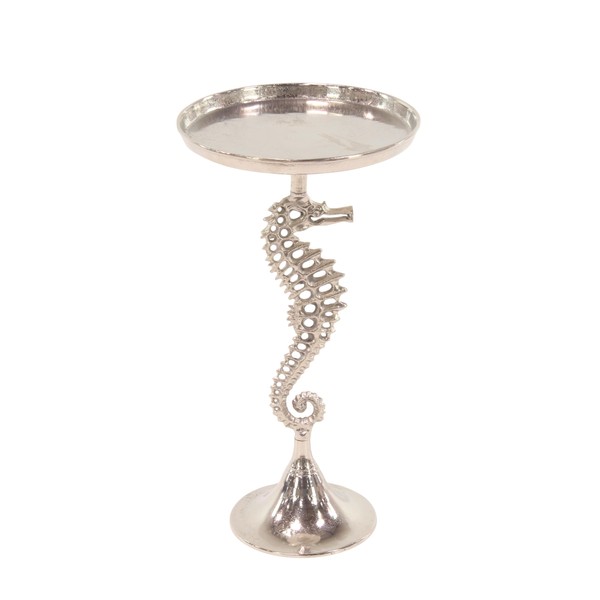 Deco 79 Aluminum Sea Horse Pedestal Accent Table with Tray Top, 14" x 14" x 27", Silver