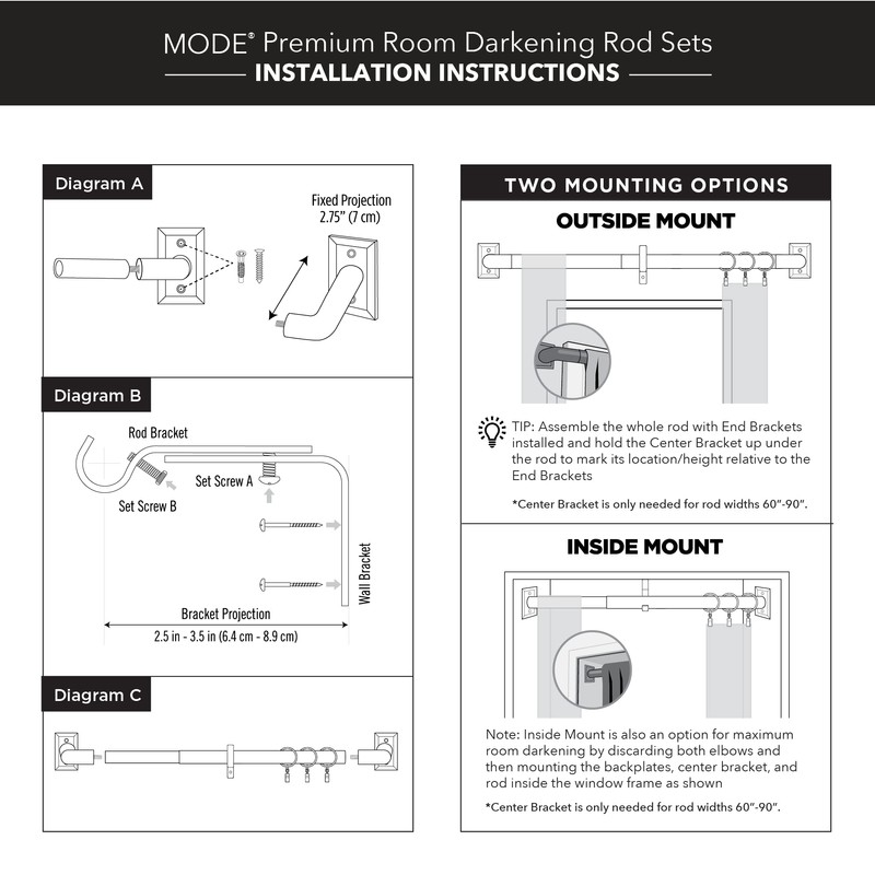 MODE Room Darkening Collection 1” Diameter Blackout Curtain Rod Set