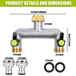2 Wege verteiler Wasser 3/4 Zoll, Wasserhahn wasserverteiler mit kugelhahn, wasseranschluss verteiler mit Adapter 1/2, Wasserhahn verteiler, gartenschlauch verteiler,wasseranschluss Adapter