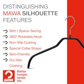 Narrow Petite Clothing Hangers by MAWA, Steel Hanger with Non-Slip Coating, for Shirts, Dresses, Suits, Camisoles, Jackets, 360-degree Rotatable Hook, Set of 4, Black