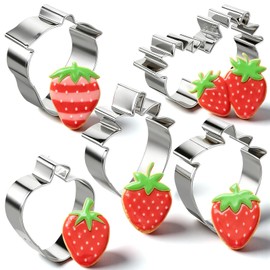 Rtteri 5 Pcs Strawberry Cookie Cutter Set 2.36-3.7 inch Stainless Steel Fruit Cookie Cutters Strawberry Fondant Biscuit Molds for Baking Summer Birthday Party, Dishwasher Safe, Multiple Styles