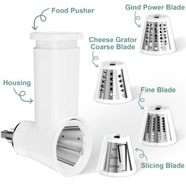 Slicer Shredder Attachment for KitchenAid Stand Mixer, Cheese Grater Attachment for Kitchenaid, Salad Maker, Grinding Powder, Dishwasher Safe with 4 Blades, White