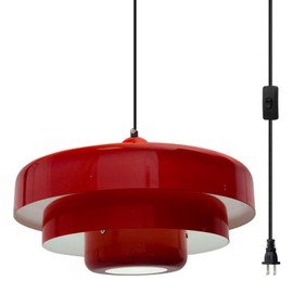 Qepeety Red Plug-in Pendant Light No Hardwire Needed, 3 Layer Metal Shade Mid Century Hanging Light for Kitchen Island, Kids Room, Dorm, Easy Install Ceiling Fixture