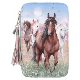 Depesche 13121 Miss Melody Hoof Clatter - Filled 3-Compartment Pencil Case in Pale Green with Horse Motif, Pencil Case with Colouring Pencils, Ruler, Scissors and Much More