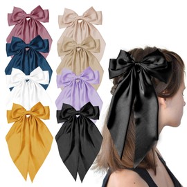 8 Pack Big Hair Bows with Long Tail, Large Silky Bow Hair Clip, Oversized Ribbon Hair Bows Barrette Women, Satin French Hair Bowknot Hairpins Accessories for Girls Party (Style 2)