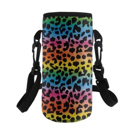 COEQINE Water Bottle Carrier Holder with Adjustable Shoulder Strap Insulated Bottle Bag Case Pouch Cover with Colorful Leopard Pattern for Kids Adult Hiking School Travel
