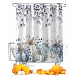Thanksgiving Blue Pumpkins Fabric Shower Curtain, Autumn Watercolor Leaf Decorations Funny Shower Curtains for Bathroom Set with Hooks, Waterproof & Washable Bath Curtains Fall Decor 72x72 inch