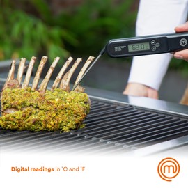 MasterChef Meat Thermometer Digital, Temperature Probe for Food (Steak, Chicken) & Liquids (Coffee, Tea, Milk), Portable BBQ Grill Gadget, Instant Read LED Display (°F & °C), Foldable, Black