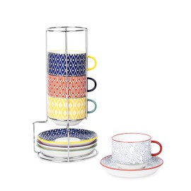 Selamica Ceramic Cappuccino Cups with Saucers and Metal Stand, 8 OZ Stackable Espresso Coffee Cups for Coffee, Latte, Americano, Tea, Set of 4, Assorted Colors