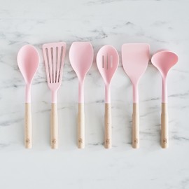 GreenLife Cooking Tools and Utensils, 7 Piece Nylon and Wood Kitchen Set with Ceramic Crock Holder, Heat Resistant Spatula and Spoons, BPA-Free, Pink