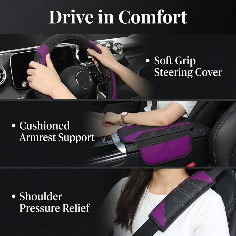 10PCS Car Interior Accessories Sets,Steering Wheel Cover, Seat Belt Cover