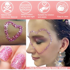 Go Ho Pink and White Body Glitter Set,Singer Concerts Face Glitter Gel Makeup,Holographic Long Lasting Chunky Sequins Glitters for Eye Lip Hair Nails,Festival Rave Accessories,White&Pink Glitter