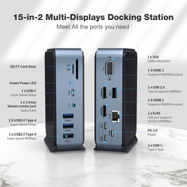 15 in 2 USB C Adapter, Dual Monitor USB C HUB, USB C Docking Station, with 2 HDMI, VGA, 4 USB A, 2 USB C, USB C 3.0, Ethernet, 100W PD, Audio and SD/TF Card Reader Ports for Laptop
