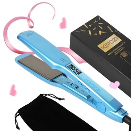 KIPOZI Negative Ion Flat Iron, Anti-Static Hair Straightener with 1.75 inch Floating Titanium Wide Plates - Color: K-139 Blue