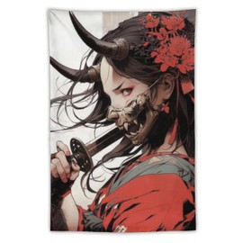 Wall Art Tapestry Cool Anime Fantasy Japanese Samurai Girl Tapestry Wall Hanging Backdrop Wall Decor for Bedroom Living Room Decor for Men And Woman 40"x60"