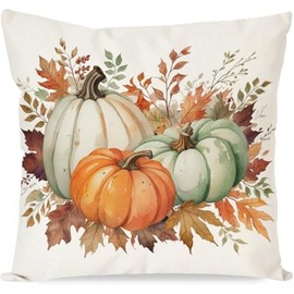 Fall Pumpkin Throw Pillow Cover, 18 x 18 Inch Thanksgiving Orange White Green Pumpkins Maple Leaf Lumbar Cushion Cover for Home Couch Sofa Living Room Bedroom Decor Orange BZ05-01