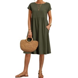 Kubsid Army Green L Dresses for Women 2024 Summer Cotton Linen Solid Short Sleeve Gauze Dress Crewneck Loose Casual Beach Vacation Flowy Short Dress with Pockets